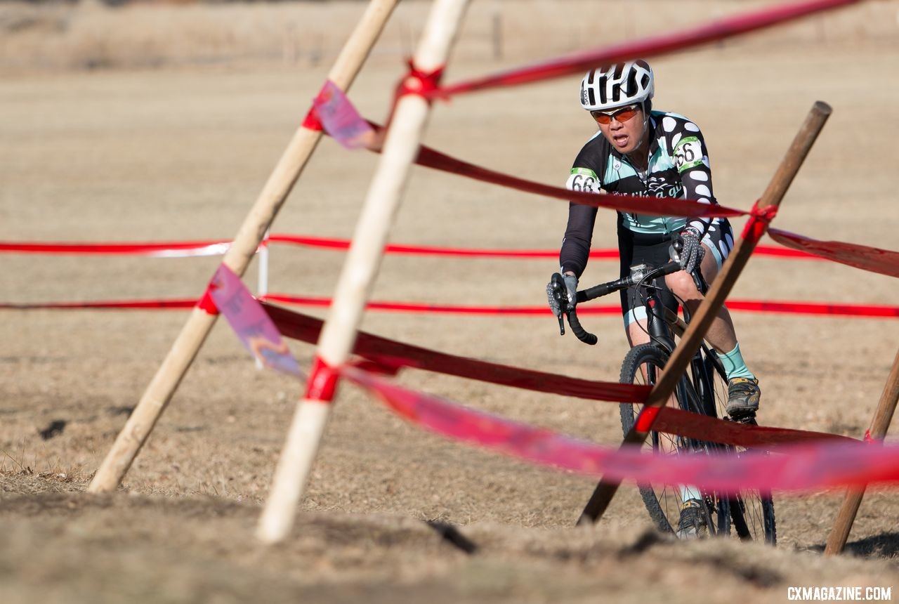 Lucie Oren navigates the tape to finish 16th. Masters Women 50-54. 2018 Cyclocross National Championships. © A. Yee / Cyclocross Magazine