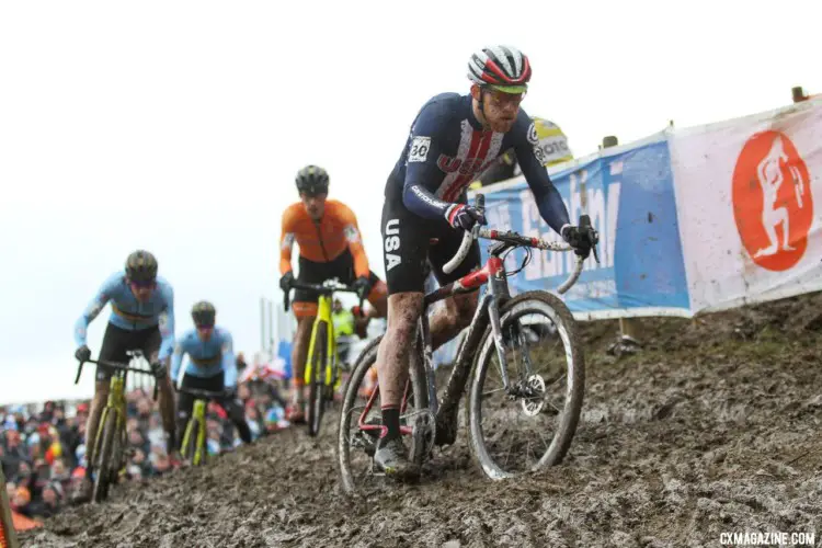 Stephen Hyde got out to a fast start before dropping his chain and then working his way forward. Elite Men. 2018 UCI Cyclocross World Championships, Valkenburg-Limburg, The Netherlands. © Bart Hazen / Cyclocross Magazine