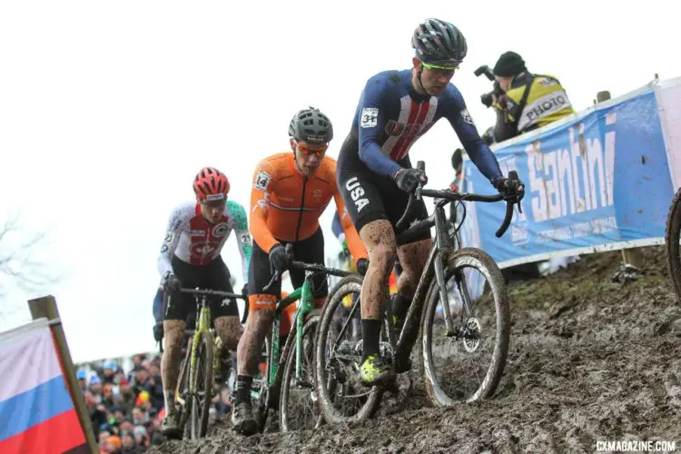 Tobin Ortenblad leads a group of riders on one of the off-cambers. Elite Men. 2018 UCI Cyclocross World Championships, Valkenburg-Limburg, The Netherlands. © Bart Hazen / Cyclocross Magazine