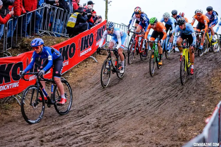 Eva Lechner took the holeshot and led early on in the Elite Women's race. Elite Women, 2018 UCI Cyclocross World Championships, Valkenburg-Limburg, The Netherlands. © Gavin Gould / Cyclocross Magazine