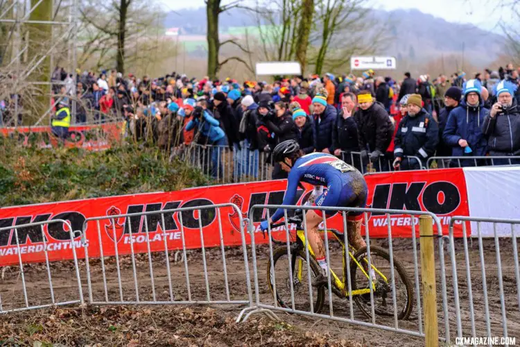 Nikki Brammeier hits a corner. Elite Women, 2018 UCI Cyclocross World Championships, Valkenburg-Limburg, The Netherlands. © Gavin Gould / Cyclocross Magazine