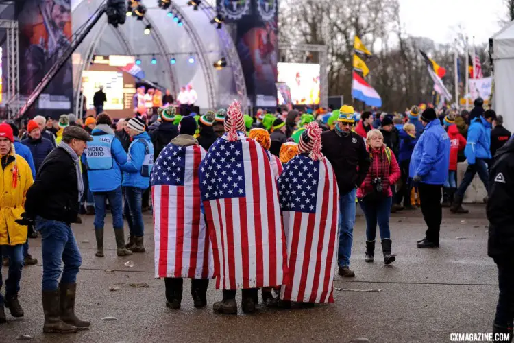 This group of U.S. fans was tough to miss. Elite Women, 2018 UCI Cyclocross World Championships, Valkenburg-Limburg, The Netherlands. © Gavin Gould / Cyclocross Magazine