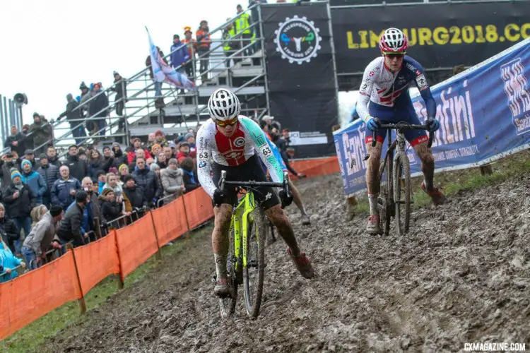 Loris Rouiller started fast before eventually fading. Junior Men. 2018 UCI Cyclocross World Championships, Valkenburg-Limburg, The Netherlands. © Bart Hazen / Cyclocross Magazine