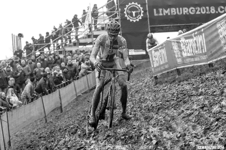 The off-cambers were a muddy mess and finding traction was a challenge. Junior Men. 2018 UCI Cyclocross World Championships, Valkenburg-Limburg, The Netherlands. © Bart Hazen / Cyclocross Magazine