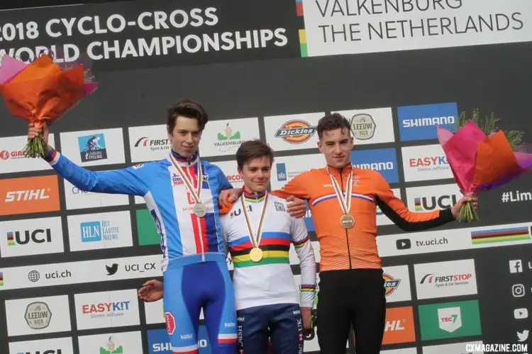 Junior podium: Ben Tulett, Tomas Kopecky and Ryan Kamp. Junior Men. 2018 UCI Cyclocross World Championships, Valkenburg-Limburg, The Netherlands. © Bart Hazen / Cyclocross Magazine
