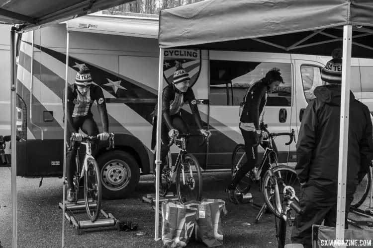 Team USA riders warm up before their race. U23 Men. 2018 UCI Cyclocross World Championships, Valkenburg-Limburg, The Netherlands. © Gavin Gould / Cyclocross Magazine