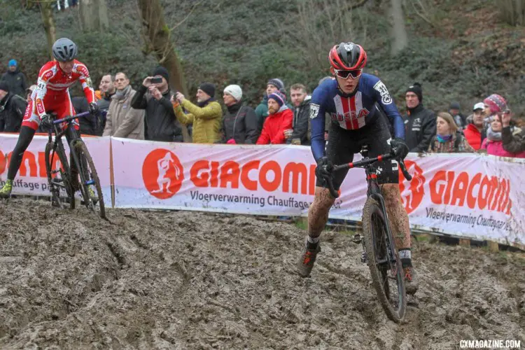 Hannah Arensman navigates the deep rutted mud. U23 Women. 2018 UCI Cyclocross World Championships, Valkenburg-Limburg, The Netherlands. © Bart Hazen / Cyclocross Magazine