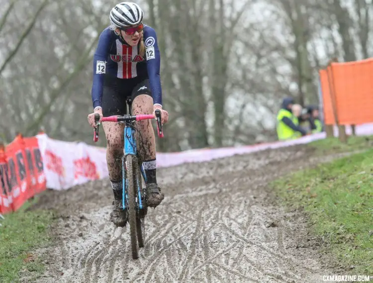 Laurel Rathbun looks forward to another muddy turn. U23 Women. 2018 UCI Cyclocross World Championships, Valkenburg-Limburg, The Netherlands. © Bart Hazen / Cyclocross Magazine