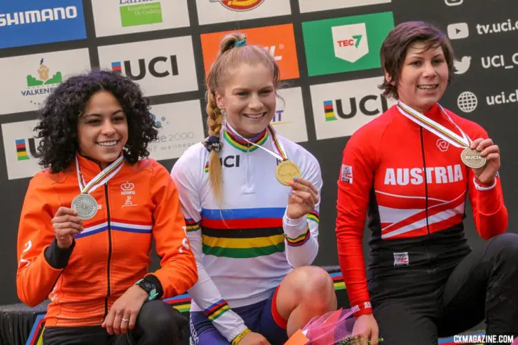 Evie Richards wins U23 Women with Ceylin del Carmen Alvarado in second, and Nadja Heigl in third. 2018 UCI Cyclocross World Championships, Valkenburg-Limburg, The Netherlands. © Bart Hazen / Cyclocross Magazine