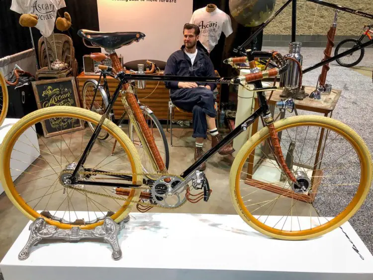 Ascari Cycles was founded by its eponymous owner in 2011. Many components on its bikes are hand-made, including the shifters, and wheels on this model are made from beechwood. 2018 North American Handmade Bike Show. © Mike Taylor / Cyclocross Magazine