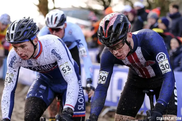 Spencer Petrov and Matej Ulik of Slovakia battle for position. 2018 Cyclocross World Championships, Valkenburg-Limburg. © Gavin Gould / Cyclocross Magazine