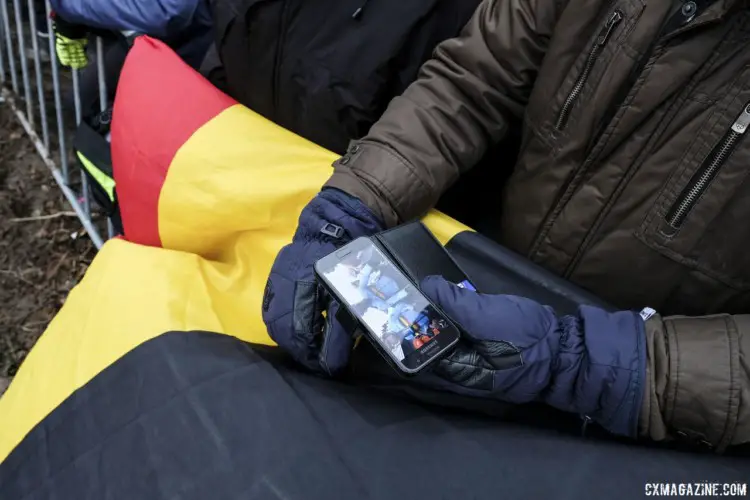 A Belgian fan found some decent internet to watch the race while at the race. 2018 Cyclocross World Championships, Valkenburg-Limburg. © Gavin Gould / Cyclocross Magazine