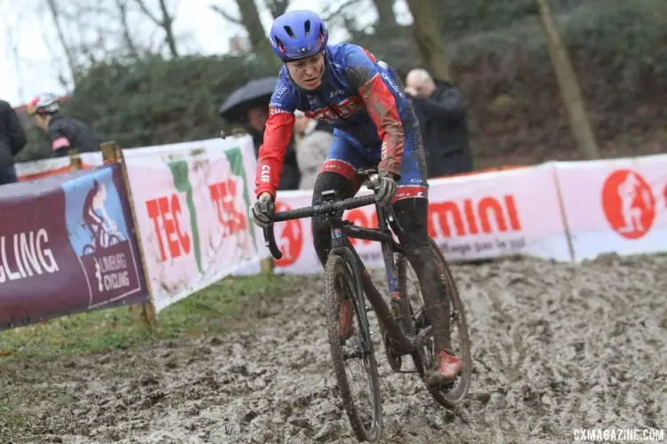 Maghalie Rochette looks ahead to the next corner. Spoiler alert: it was really muddy. 2018 Valkenburg World Championships, Friday Course Inspection. © B. Hazen / Cyclocross Magazine