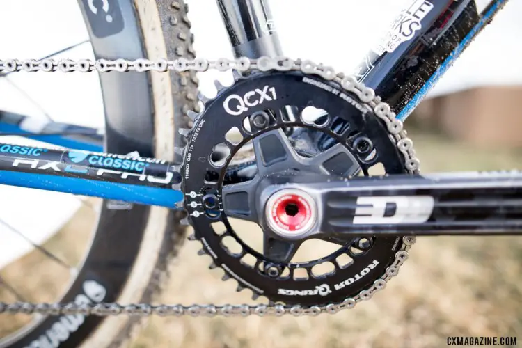 Oval rings and Rotor cranks are somewhat uncommon choices in cyclocross, where chain retention is paramount. Jen Malik's Collegiate Club-winning Raleigh RXC Pro. 2018 Cyclocross National Championships. © A. Yee / Cyclocross Magazine
