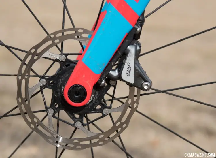 Blevins used a 140mm rotor on his front wheel rather than the 160mm which comes standard. Christopher Blevins' U23-Winning Specialized CruX. 2018 Cyclocross National Championships. © C. Lee / Cyclocross Magazine