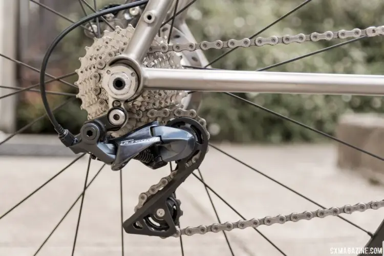Shimano 8000 Shadow Road rear derailleur uses a linked design. It is available with a medium or long cage. Our bike was built with the medium cage model. Sage Titanium PDXCX Cyclocross Bike. © C. Lee / Cyclocross Magazine