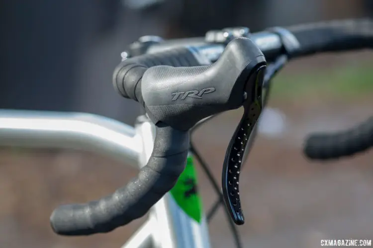TRP's Hylex hydraulic levers are one of our favorites, with a long relatively slender hood shape and contoured lever. This one gets the drillium treatment. 2018 Van Dessel Country Road Bob singlespeed cyclocross / gravel bike. © Cyclocross Magazine