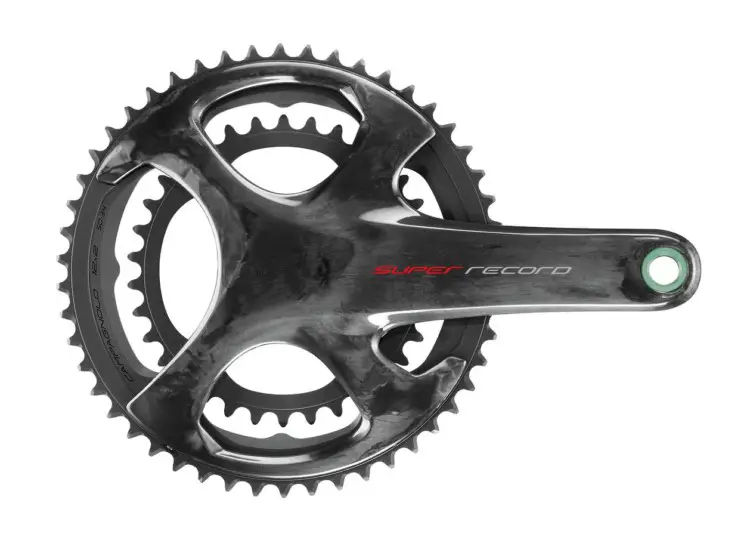 The new Super Record crankset is compatible with 50/34t, 52/36t and 53/39t chain ring combinations. Campagnolo 12-speed Super Record groupset. photo: Campagnolo