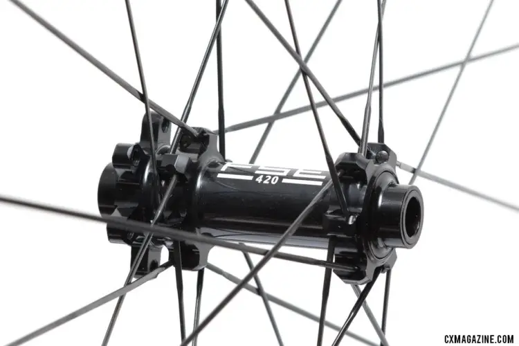 Our wheelset came with FSE's 420 hub with 12mm thru-axles. FSE also offers a heavier DT Swiss hub. FSE G40/30X carbon tubeless gravel wheels. © Cyclocross Magazine