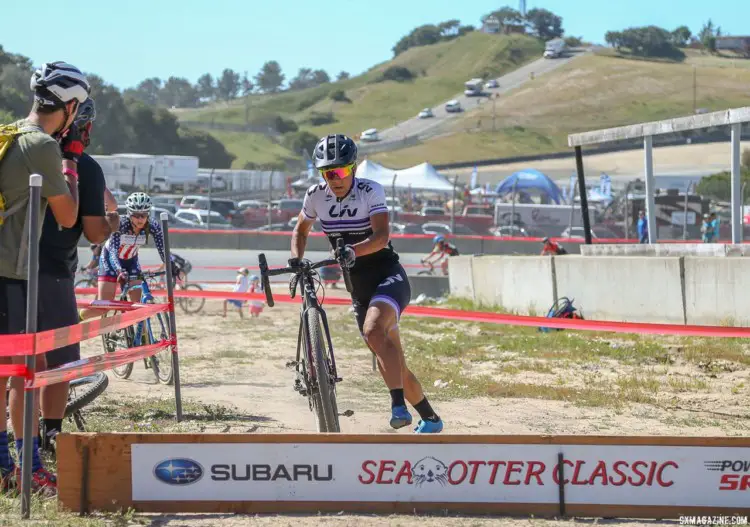 Crystal Anthony hits the barriers ahead of Jen Malik. 2018 Sea Otter Classic Cyclocross Race, Pro Men and Women. © J. Silva / Cyclocross Magazine