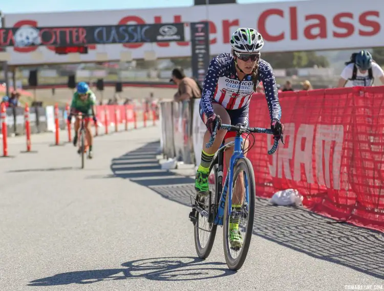 Jen Malik got to race in her Stars-and-Stripes kit she earned in the Collegiate Club race in Reno. 2018 Sea Otter Classic Cyclocross Race, Pro Men and Women. © J. Silva / Cyclocross Magazine