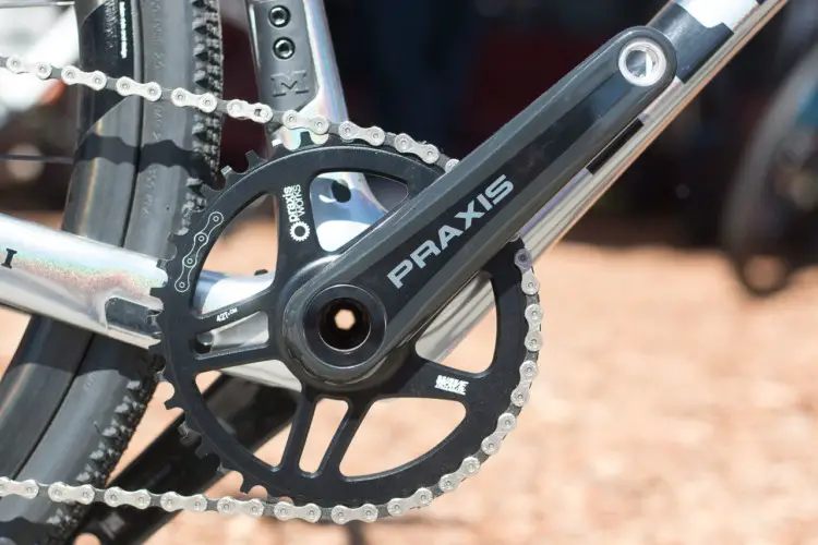 A Praxis Works Zayante 1x crankset keeps the drivetrain light and simple. Masi Bikes carbon CXRC Expert. 2018 Sea Otter Classic cyclocross and gravel new products. © Cyclocross Magazine