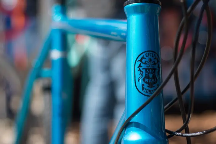The tapered steel head tube also flares for the internal bearings. Masi Bikes steel CXGR Supremo. 2018 Sea Otter Classic cyclocross and gravel new products. © Cyclocross Magazine