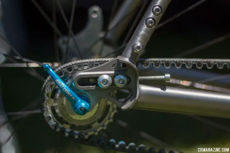 Short chainstays? More tire clearance? Belt or chain? Dean founder John Siegrist's titanium travel bike says yes to all these options. 2018 Sea Otter Classic cyclocross and gravel new products. © Cyclocross Magazine