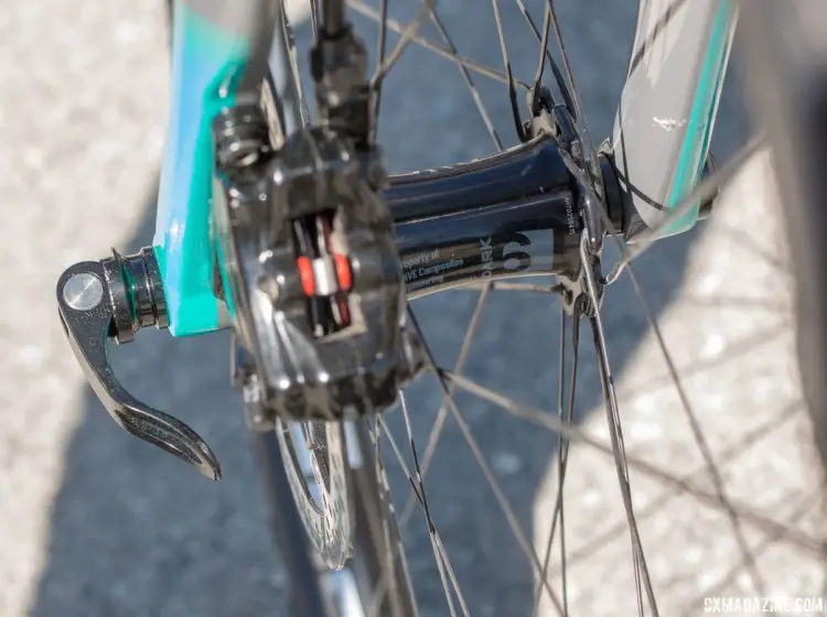 Cameron's front hub was marked property of ENVE Composites, signifying either a pre-production unit or demo. Molly Cameron's Flanders cyclocross bike. 2018 Sea Otter Classic cyclocross and gravel new products. © Cyclocross Magazine