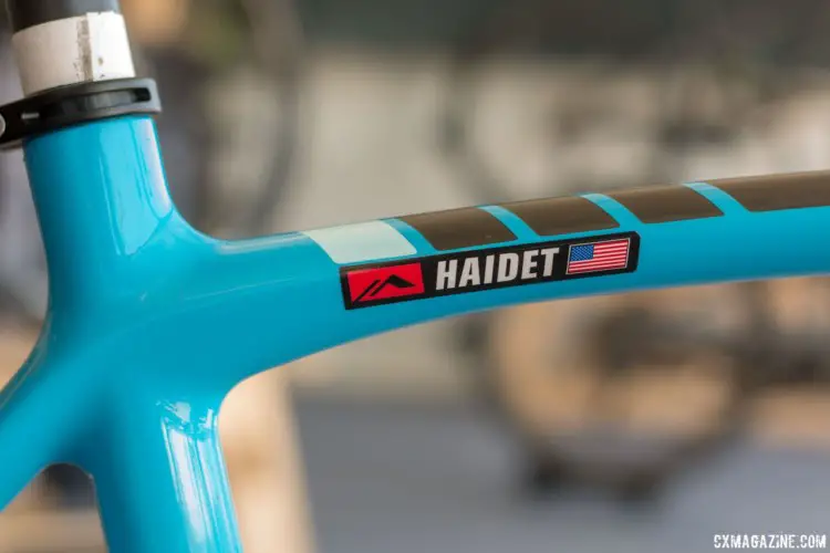 Tape marking seapost position is a common sight on often-shipped pro bikes. Lance Haidet's FSA WE-equpped Pivot Vault, fresh off his Super G gravel race win. 2018 Sea Otter Classic. © Cyclocross Magazine