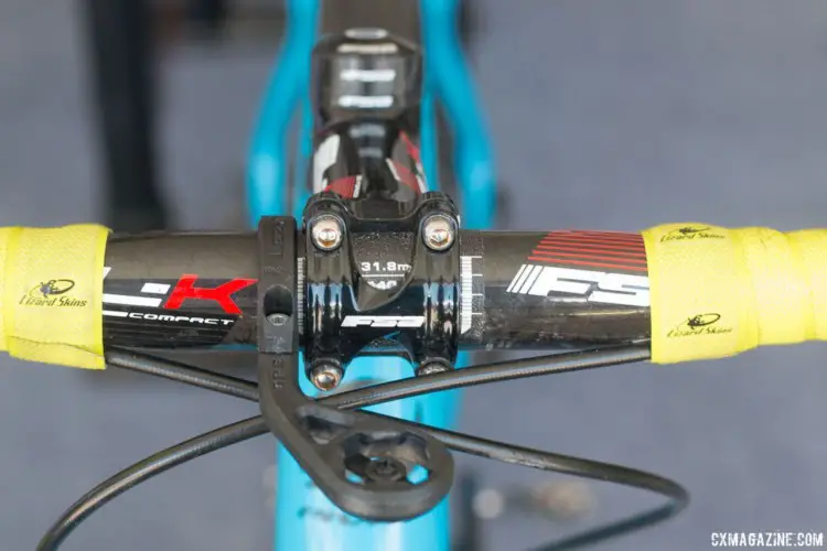 Lezyne produces their own line of out-front mounts, which operate in a similar manner to Garmin's, but are not cross-platform compatible. Haidet runs an FSA SL-K handlebar and stem. Lance Haidet's FSA WE-equpped Pivot Vault, fresh off his Super G gravel race win. 2018 Sea Otter Classic. © Cyclocross Magazine