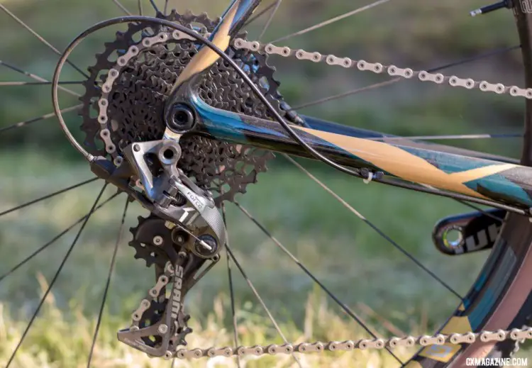 McGovern designed his own lightweight bladder-molded dropouts and can fit 45mm tires into 42.5cm chainstays. A SRAM Force 1 drivetrain powers the McGovern Cycle's custom carbon cyclocross/gravel bike up for raffle relies on SRAM Force 1. © Cyclocross Magazine