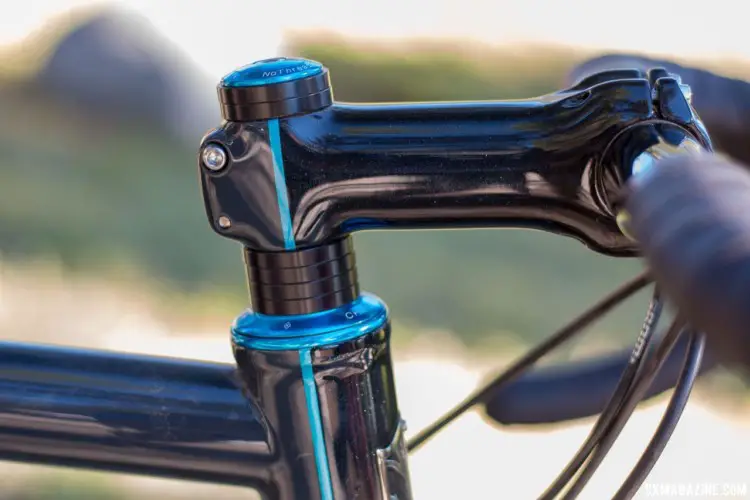 The stem is painted to match the sleek black paint scheme. Mosaic Bespoke Bicycles' titanium GT-1 up for grabs via the Sierra Buttes Trail Stewardship raffle. © Cyclocross Magazine
