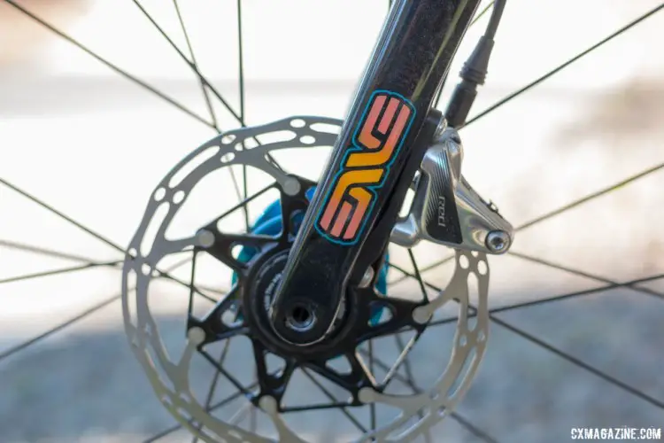 The flat mount ENVE fork has SRAM Red hydraulic calipers attached. Mosaic Bespoke Bicycles' titanium GT-1 up for grabs via the Sierra Buttes Trail Stewardship raffle. © Cyclocross Magazine