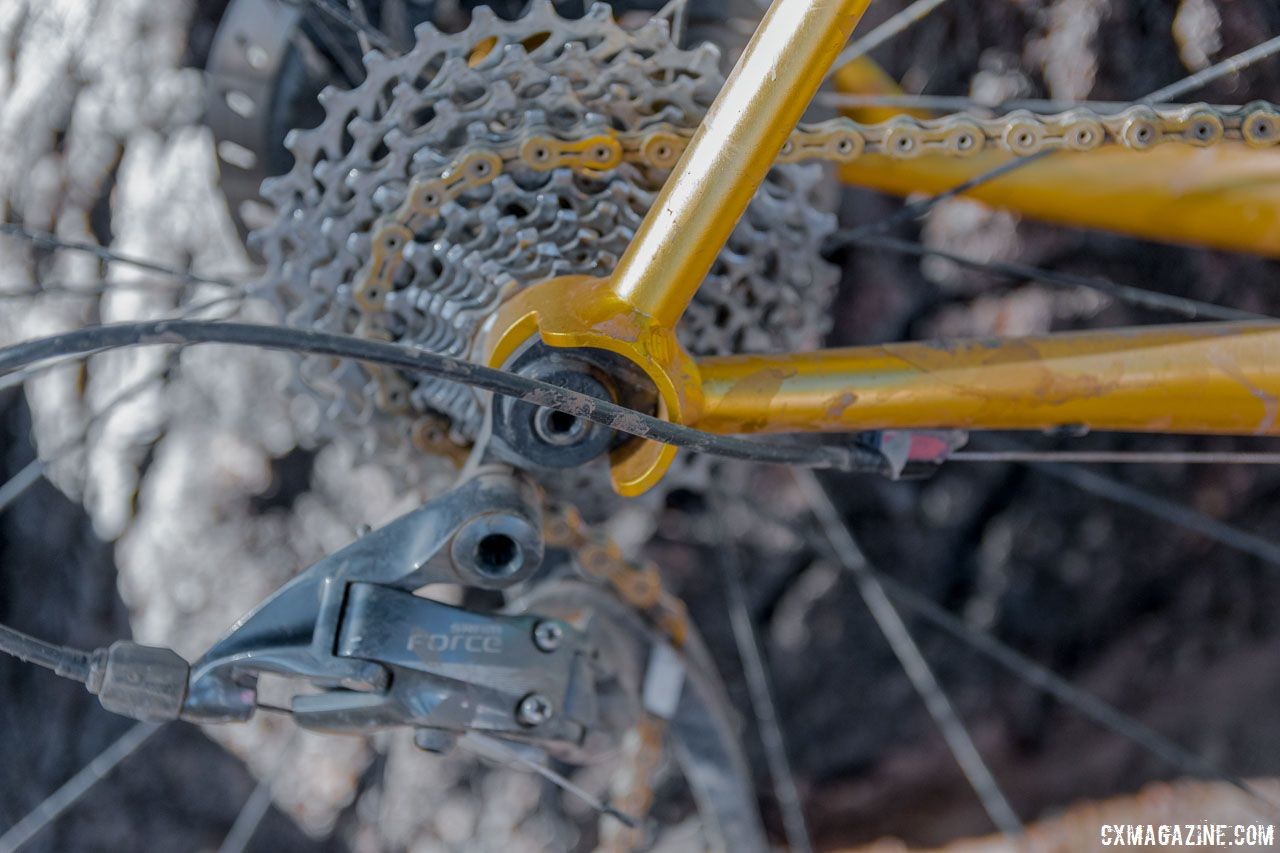 Glatt ran a SRAM Force 22 rear derailleur with a double White Industries crankset. Dylan Glatt's Spooky Gas Mask Gravel/Cyclocross Bike. 2018 Lost and Found Gravel Grinder. © C. Lee / Cyclocross Magazine