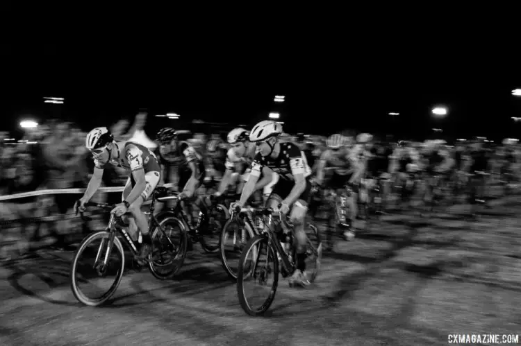 Laurens Sweeck and Lance Haidet lead out the holeshot. 2017 CrossVegas. © A. Yee / Cyclocross Magazine