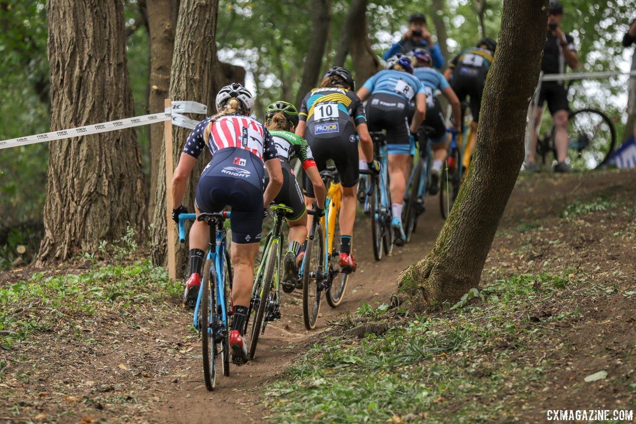 A lead group of six held together for the first two laps. 2018 Trek CX Cup, Waterloo © Cyclocross Magazine / R. Clark