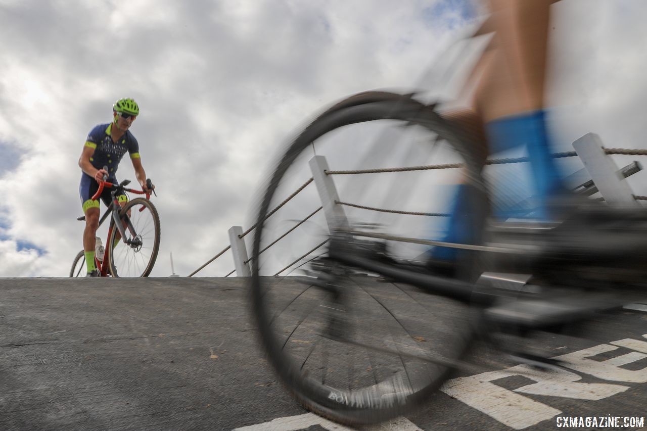 The steep barn flyover can be a little daunting on the other side. 2018 Trek CX Cup, Waterloo © Cyclocross Magazine / R. Clark