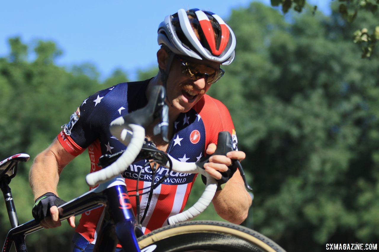 Stephen Hyde tried to keep racing after crashing, but found the pain too much to handle. 2018 World Cup Waterloo. © D. Mable / Cyclocross Magazine