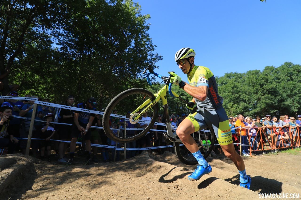 Kerry Werner climbs the stairs. 2018 World Cup Waterloo. © D. Mable / Cyclocross Magazine