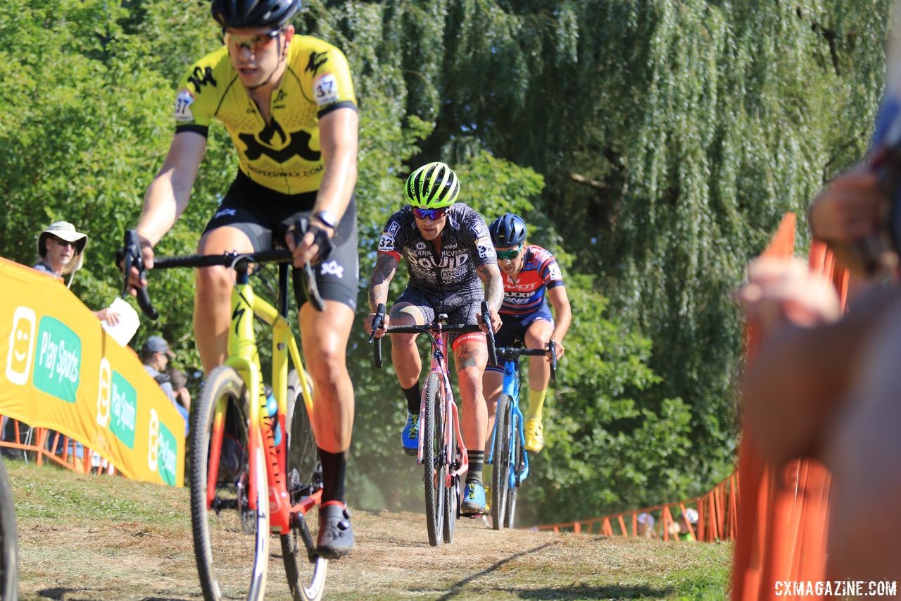 Eric Thompson leads Anthony Clark, Jamey Driscoll. 2018 World Cup Waterloo. © D. Mable / Cyclocross Magazine