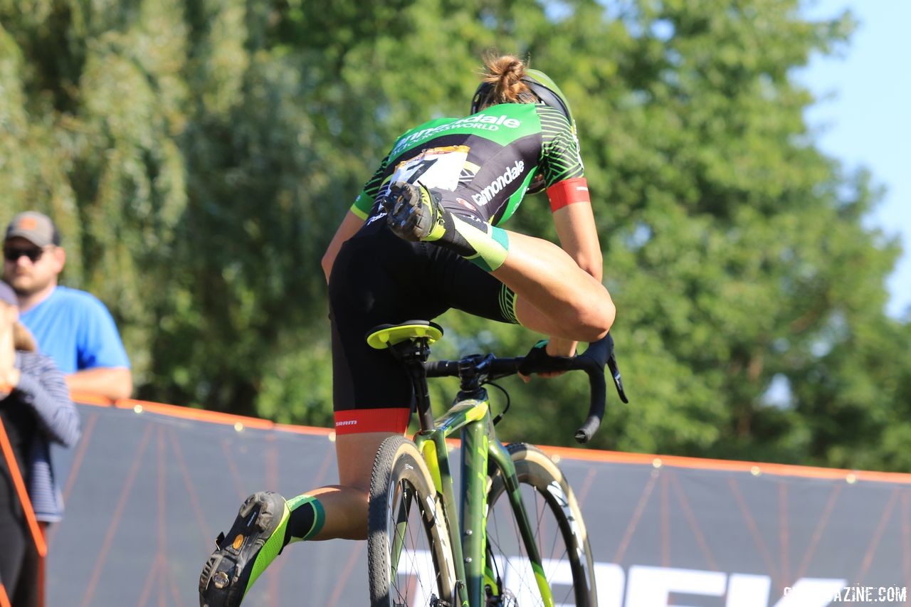 Kaitie Keough remounts her bike. 2018 World Cup Waterloo. © D. Mable / Cyclocross Magazine