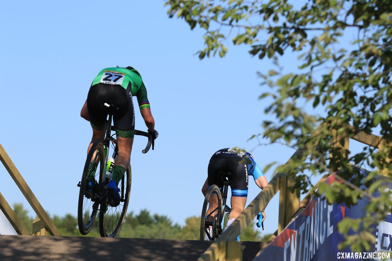 Ellen Noble and Marianne Vos head over one of the new flyovers Trek built for this year's race. 2018 World Cup Waterloo. © D. Mable / Cyclocross Magazine