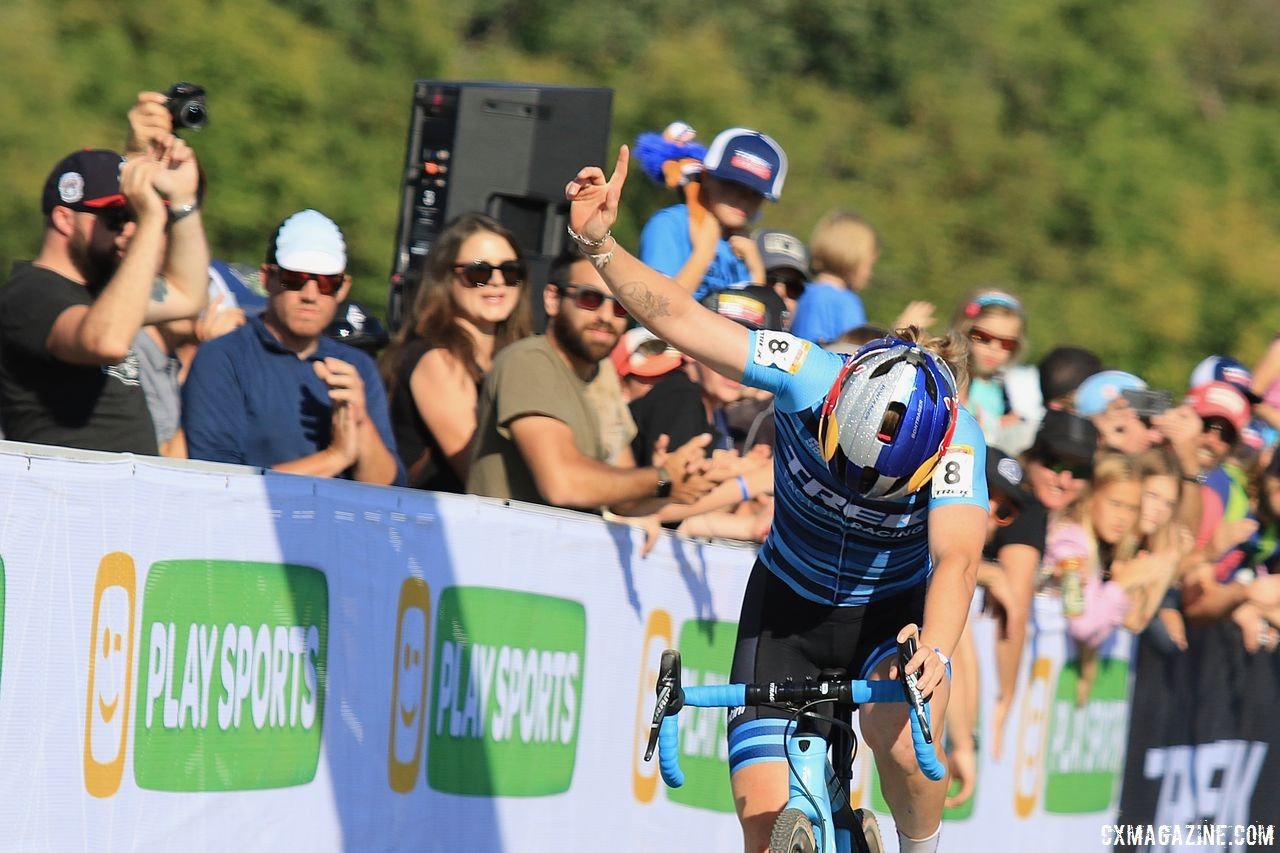 Ellen Noble acknowledges fans at the finish. 2018 World Cup Waterloo. © D. Mable / Cyclocross Magazine