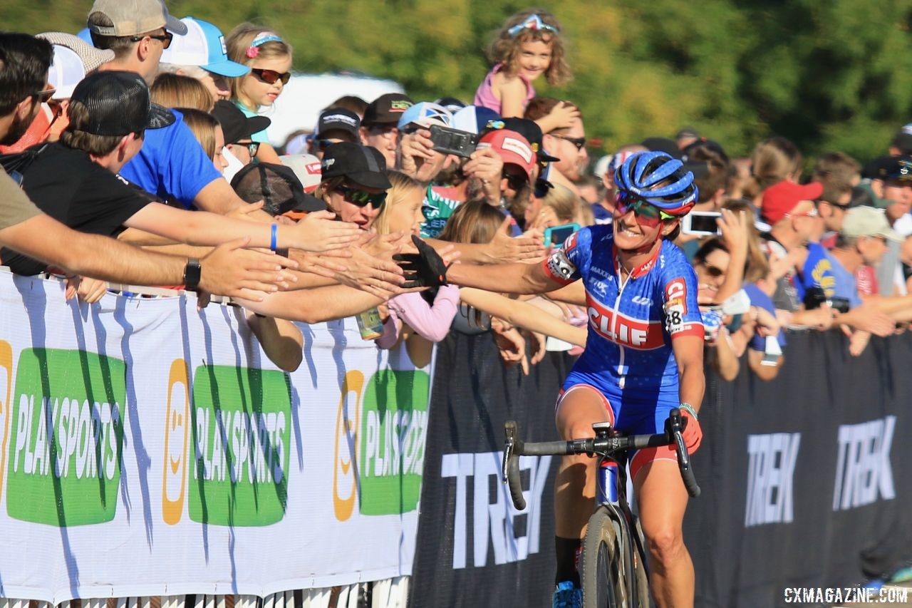 Katerina Nash celebrates with fans after finishing third. 2018 World Cup Waterloo. © D. Mable / Cyclocross Magazine