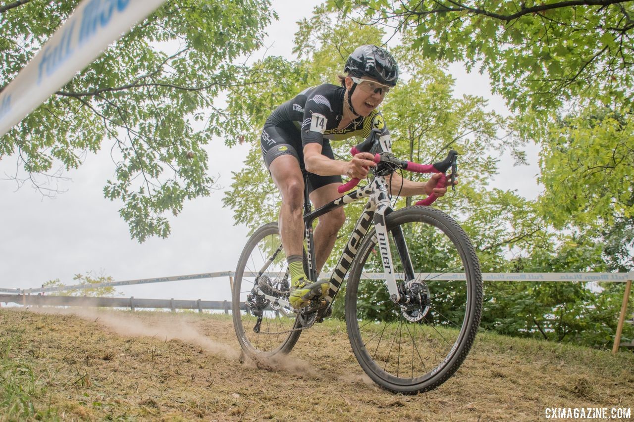 New Zealand's Kim Hurst focuses on a descent. 2018 Rochester Cyclocross. © Evan Grucela