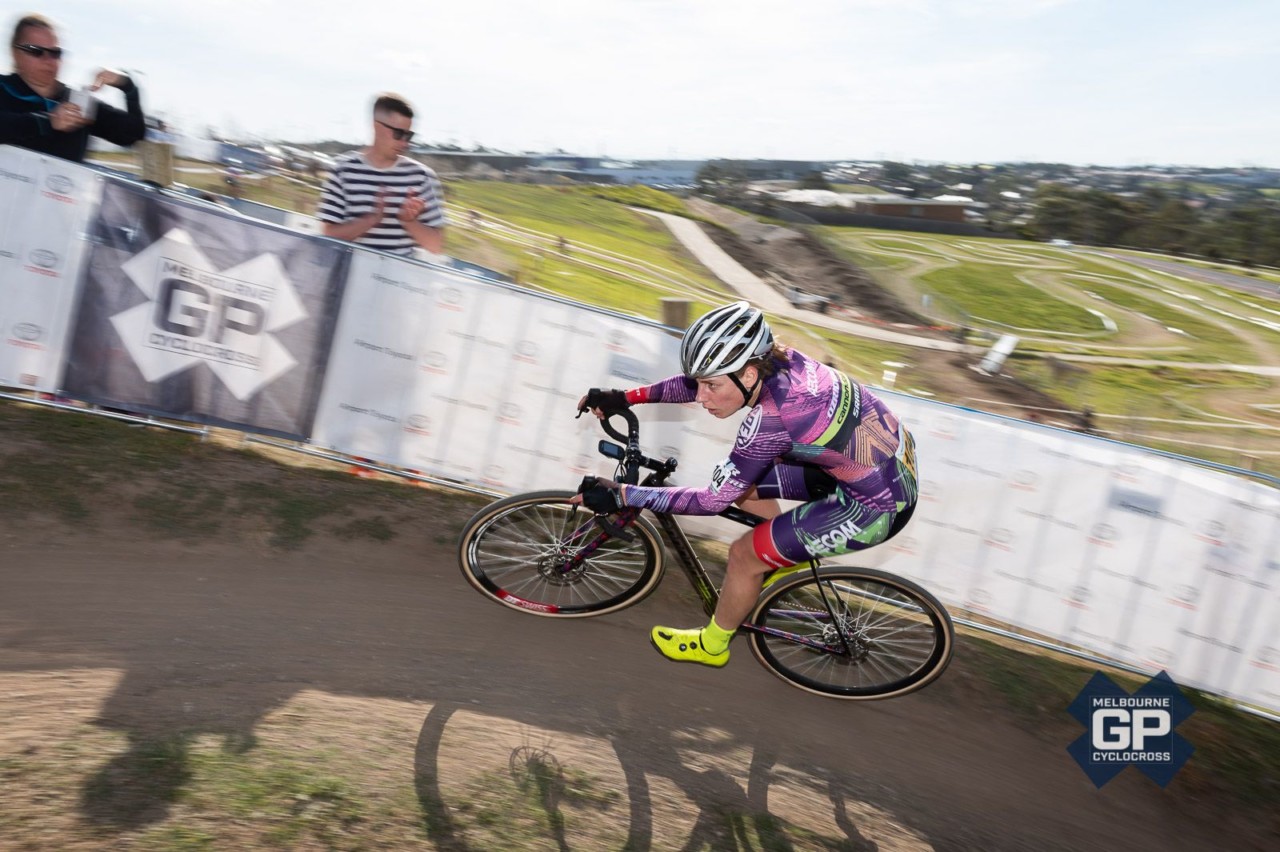 Natalie Redmond rounds a corner. She finished 4th on Saturday and 2nd on Sunday. 2018 Melbourne Grand Prix of Cyclocross, Australia © Ernesto Arriagada