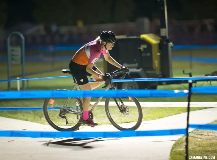 Kristen Legan enjoys a brief respite from the power-sucking, bumpy grass. 2018 Reno Cross women's race. © J. Silva / Cyclocross Magazine