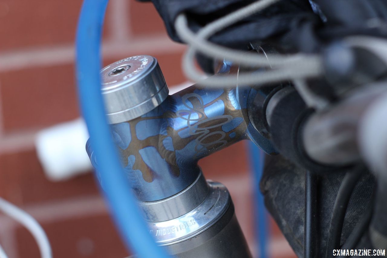 The short 50mm stem has some custom coloring to it. James Bleakley's Black Sheep Bikes Titanium Gravsplosion Gravel Bike. © Z. Schuster / Cyclocross Magazine