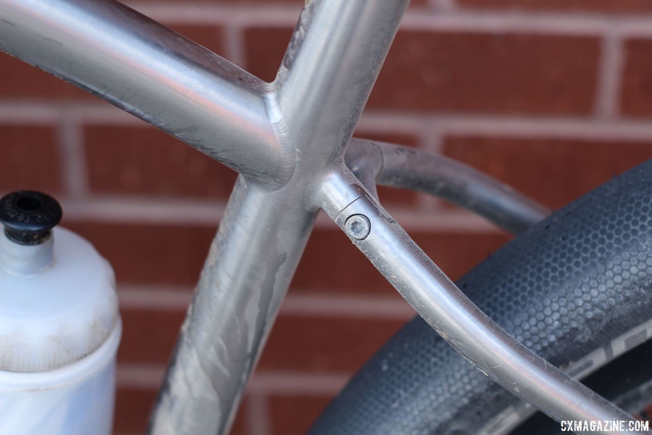 Bolts on the seatstay allow the rear to be removed for transport. James Bleakley's Black Sheep Bikes Titanium Gravsplosion Gravel Bike. © Z. Schuster / Cyclocross Magazine